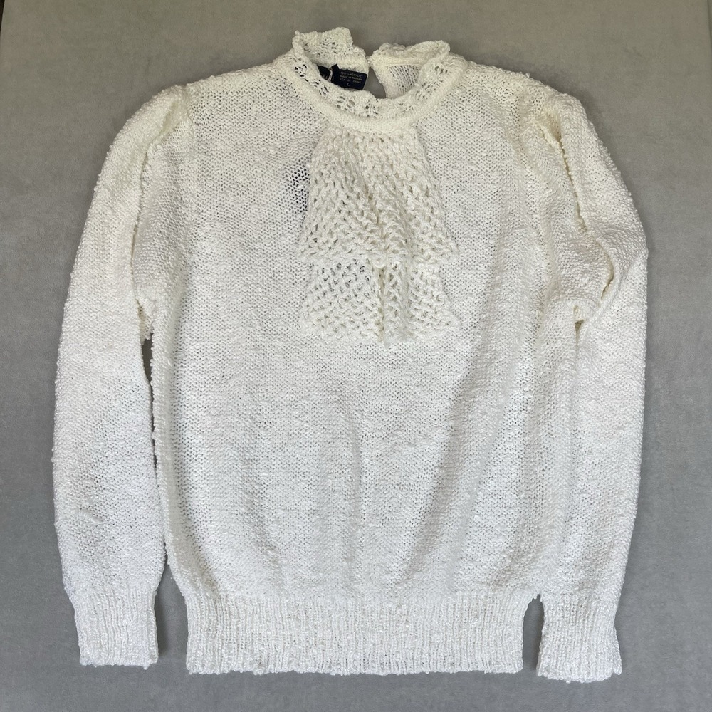 Vintage Retro 1970s Le‎ Roy Knitwear Sweater L Cream Knit Crochet Jabot Collar